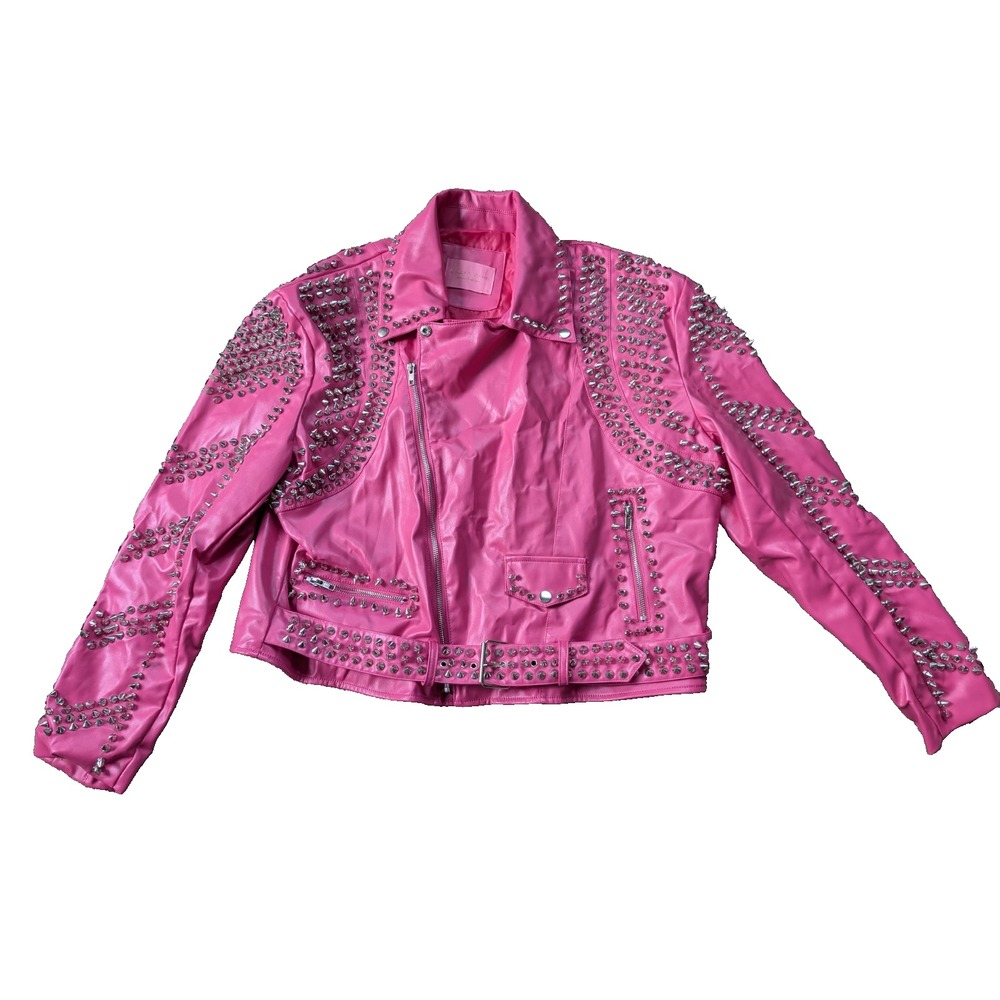 Azalea Wang Moto Jacket Barbie Pink Womens 2X Silver Studded Faux Leather SOFI-X